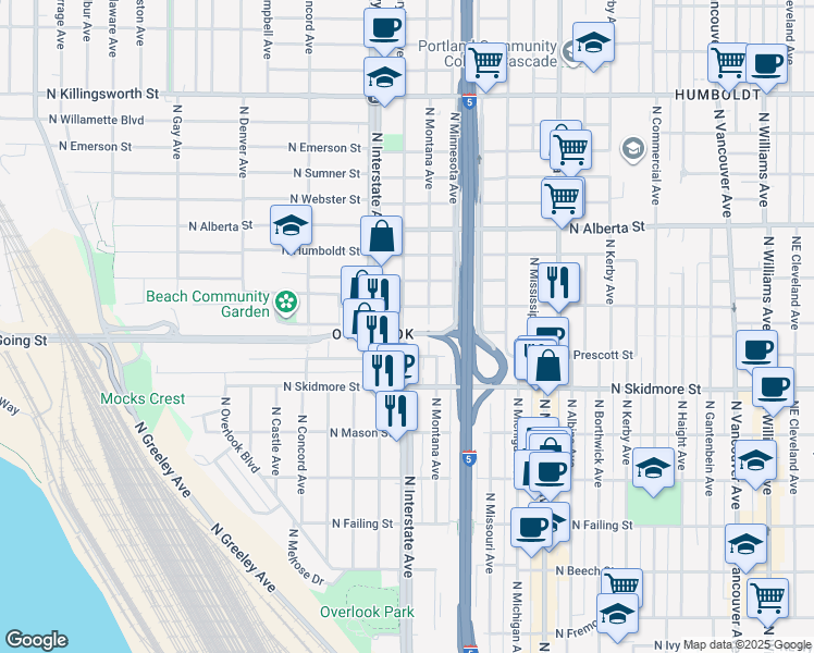 map of restaurants, bars, coffee shops, grocery stores, and more near 4615 North Montana Avenue in Portland