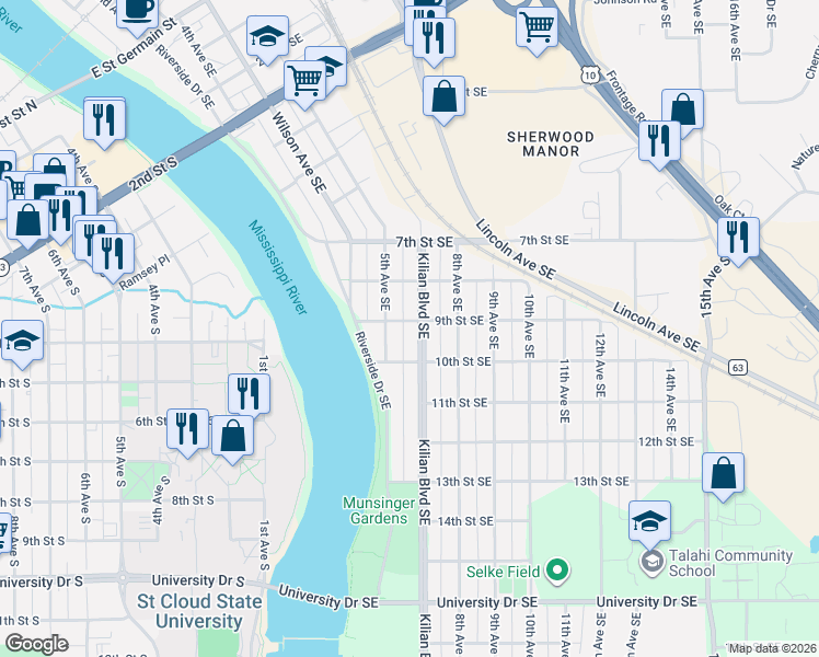 map of restaurants, bars, coffee shops, grocery stores, and more near 905 Kilian Boulevard Southeast in St. Cloud