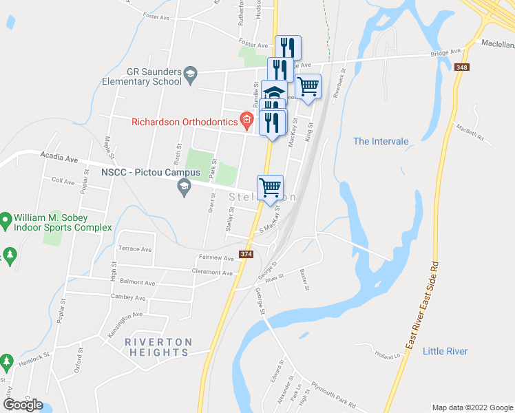 map of restaurants, bars, coffee shops, grocery stores, and more near 292 South Foord Street in Stellarton