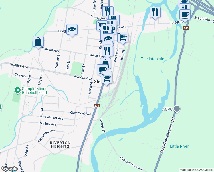 map of restaurants, bars, coffee shops, grocery stores, and more near 291 South Foord Street in Stellarton