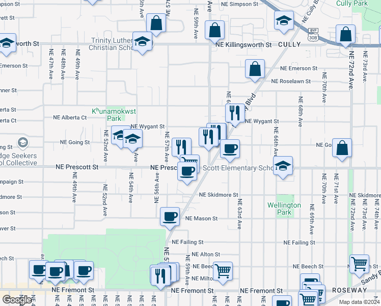 map of restaurants, bars, coffee shops, grocery stores, and more near 5836 Northeast Going Street in Portland