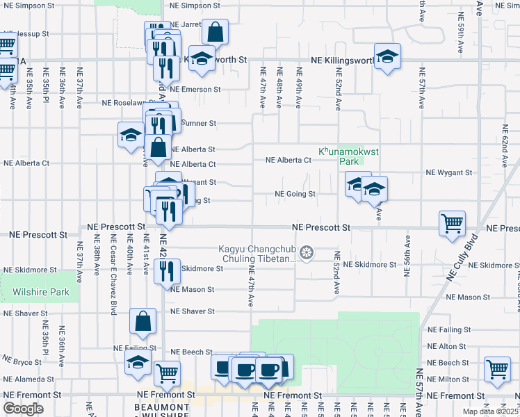 map of restaurants, bars, coffee shops, grocery stores, and more near 4546 Northeast 47th Avenue in Portland