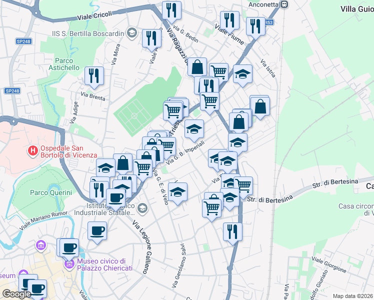map of restaurants, bars, coffee shops, grocery stores, and more near 57 Via Carlo Borella in Vicenza