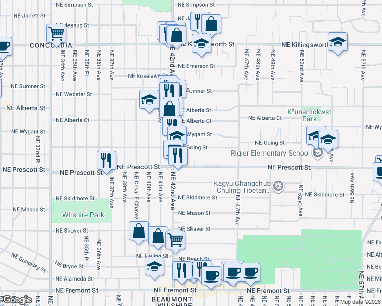 map of restaurants, bars, coffee shops, grocery stores, and more near 4316 NE Going St in Portland