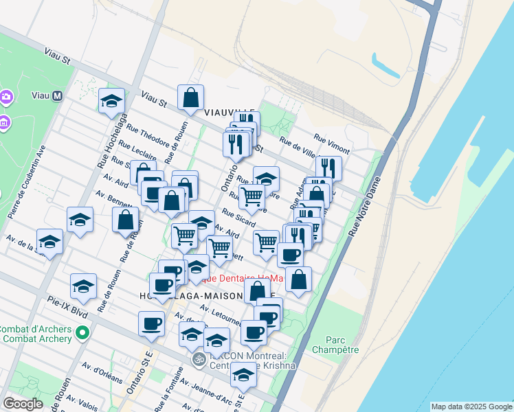 map of restaurants, bars, coffee shops, grocery stores, and more near Rue la Fontaine in Montréal