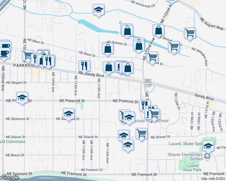 map of restaurants, bars, coffee shops, grocery stores, and more near 4628 Northeast 116th Avenue in Portland