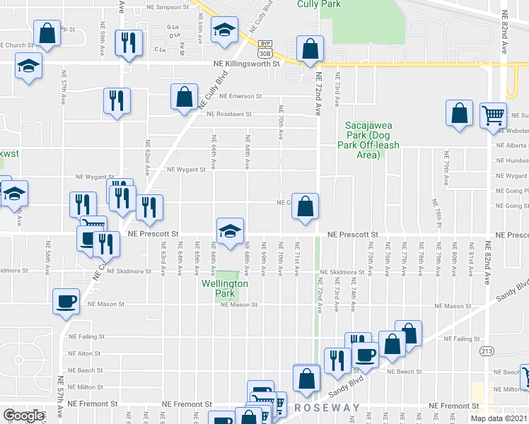 map of restaurants, bars, coffee shops, grocery stores, and more near 6904 Northeast Going Street in Portland