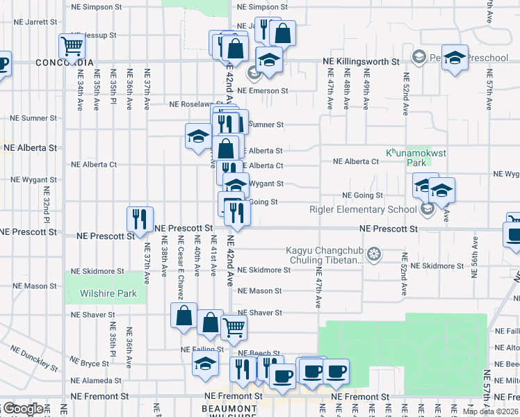 map of restaurants, bars, coffee shops, grocery stores, and more near 4316 Northeast Going Street in Portland