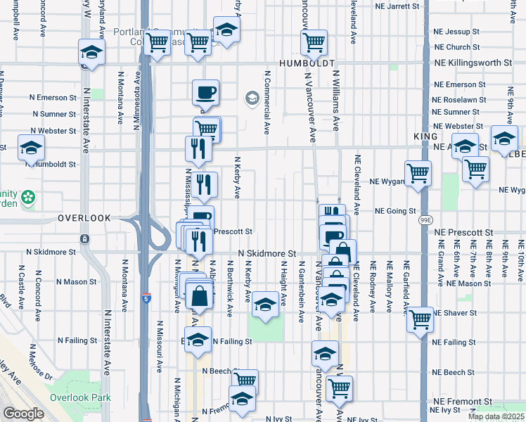 map of restaurants, bars, coffee shops, grocery stores, and more near 4629 North Commercial Avenue in Portland