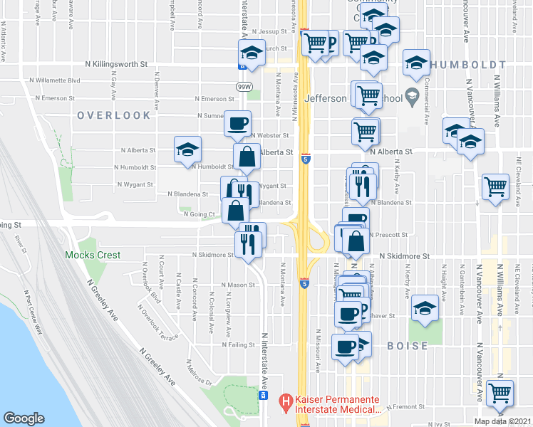map of restaurants, bars, coffee shops, grocery stores, and more near 4615 North Montana Avenue in Portland