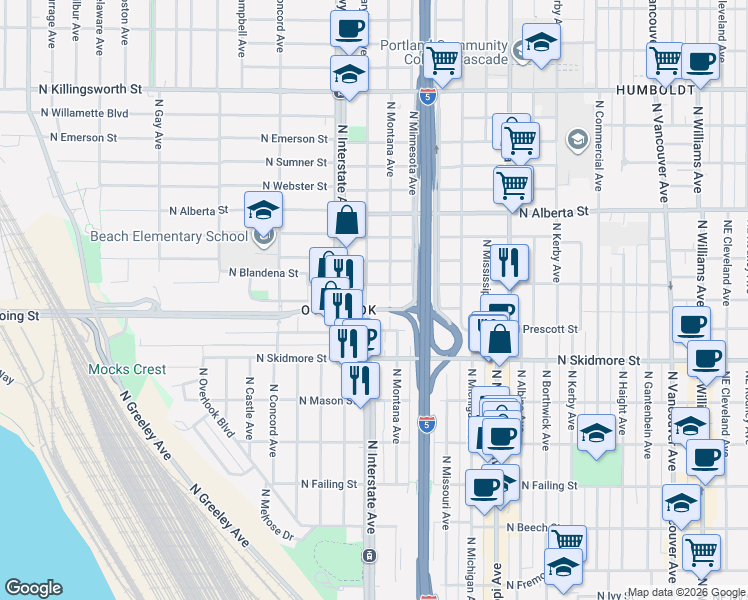 map of restaurants, bars, coffee shops, grocery stores, and more near 4615 North Montana Avenue in Portland