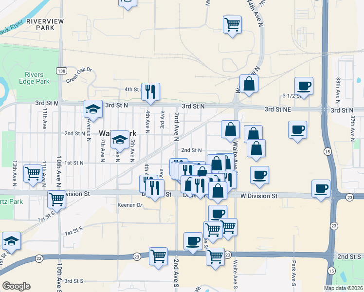 map of restaurants, bars, coffee shops, grocery stores, and more near 211 West Avenue North in Waite Park