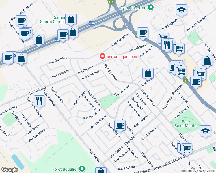 map of restaurants, bars, coffee shops, grocery stores, and more near 2399 Rue Letendre in Laval