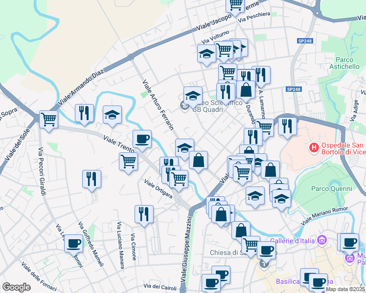 map of restaurants, bars, coffee shops, grocery stores, and more near 4 Viale Arturo Ferrarin in Vicenza