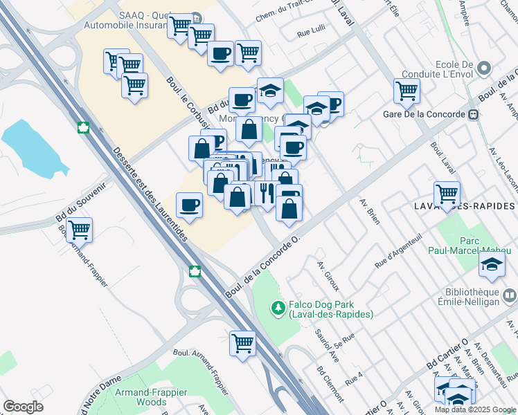 map of restaurants, bars, coffee shops, grocery stores, and more near 755 Boulevard le Corbusier in Laval