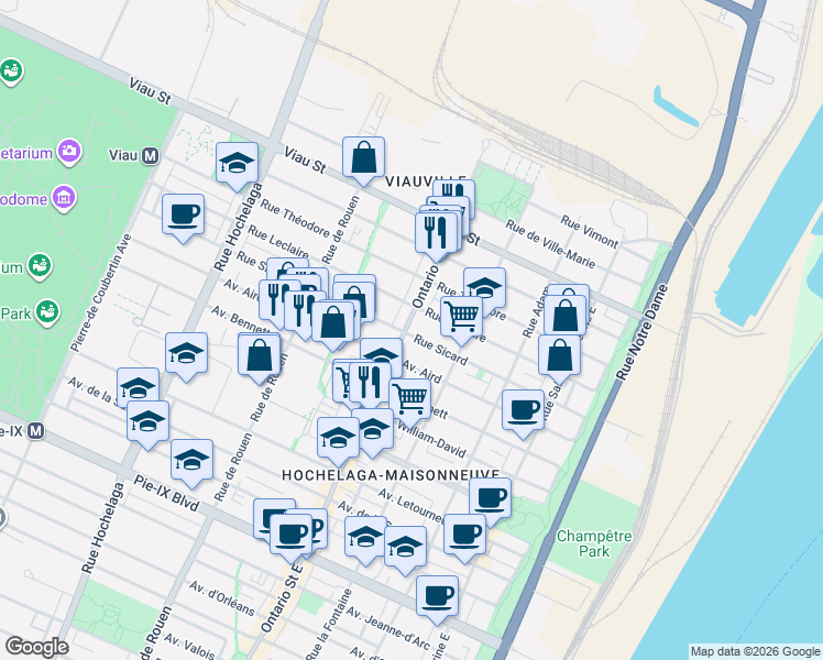 map of restaurants, bars, coffee shops, grocery stores, and more near 4702 Ontario Street East in Montreal