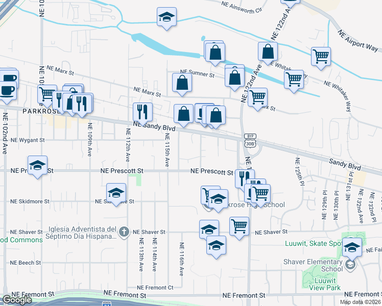 map of restaurants, bars, coffee shops, grocery stores, and more near 4628 Northeast 116th Avenue in Portland