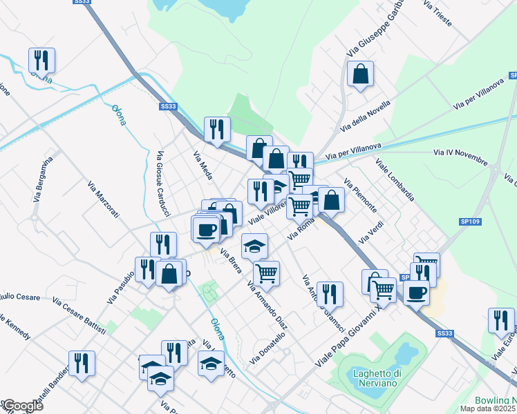 map of restaurants, bars, coffee shops, grocery stores, and more near 31 Via Agostino Terzaghi in Nerviano