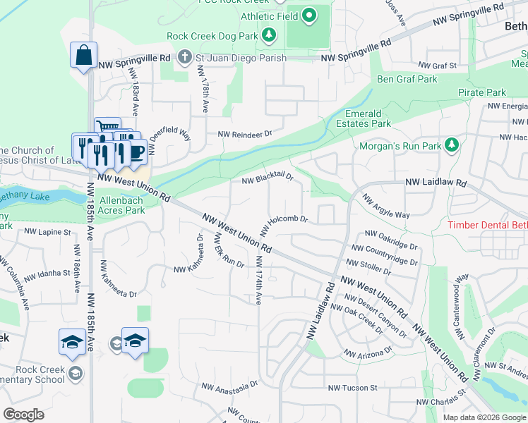 map of restaurants, bars, coffee shops, grocery stores, and more near 17632 Northwest Deerbrook Court in Portland