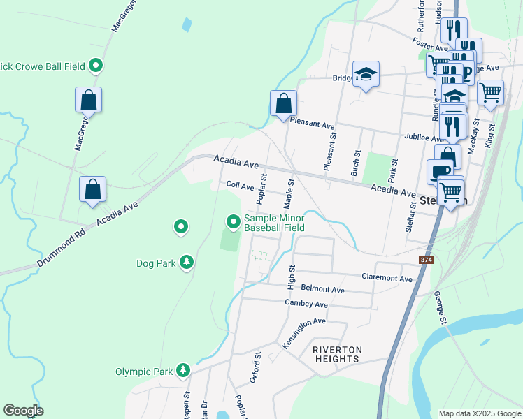 map of restaurants, bars, coffee shops, grocery stores, and more near 28 Poole Avenue in Stellarton