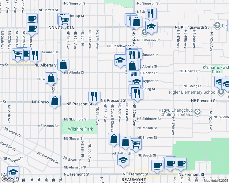 map of restaurants, bars, coffee shops, grocery stores, and more near 4566 Northeast Cesar E Chavez Boulevard in Portland