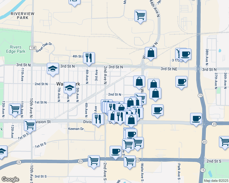 map of restaurants, bars, coffee shops, grocery stores, and more near 211 West Avenue North in Waite Park