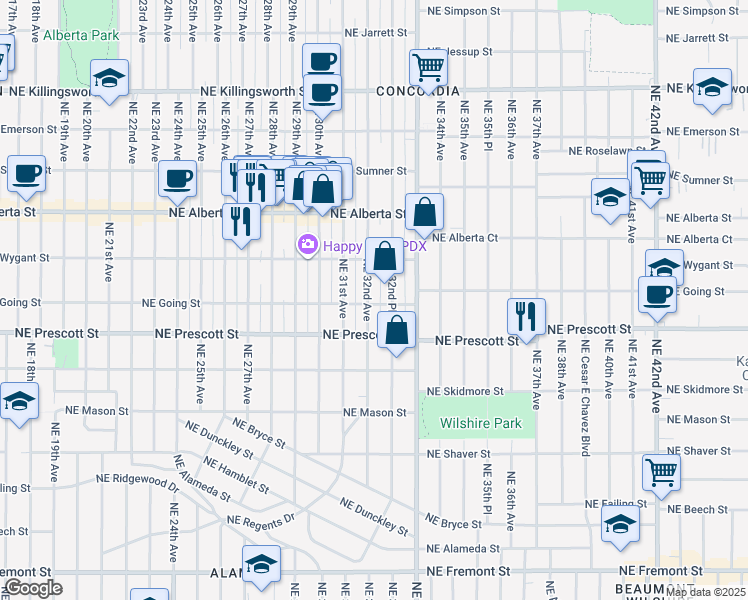 map of restaurants, bars, coffee shops, grocery stores, and more near 4602 Northeast 32nd Avenue in Portland
