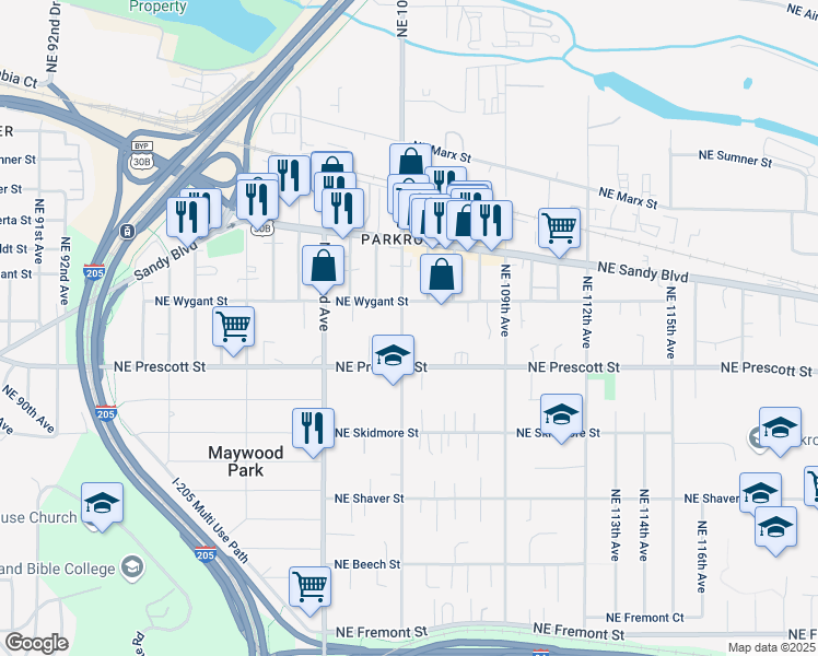 map of restaurants, bars, coffee shops, grocery stores, and more near 4612 Northeast 105th Avenue in Portland