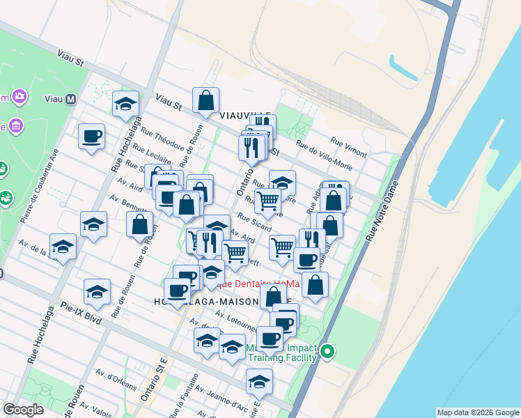map of restaurants, bars, coffee shops, grocery stores, and more near 1826 Rue Leclaire in Montréal