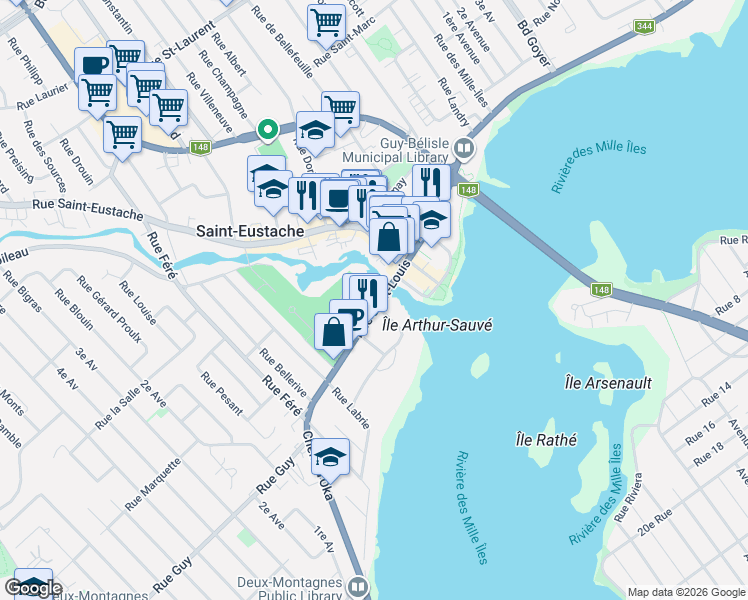 map of restaurants, bars, coffee shops, grocery stores, and more near 104 Rue Saint-Louis in Saint-Eustache