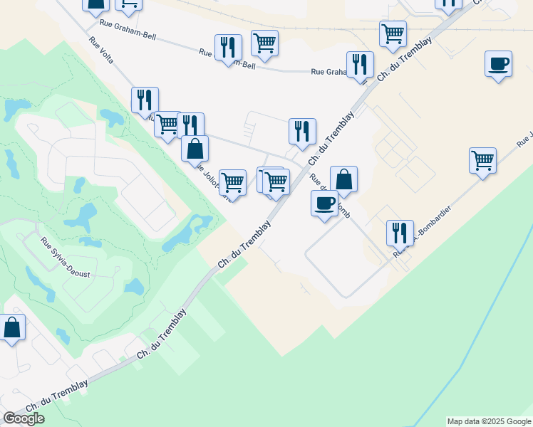 map of restaurants, bars, coffee shops, grocery stores, and more near 25 Chemin du Tremblay in Boucherville