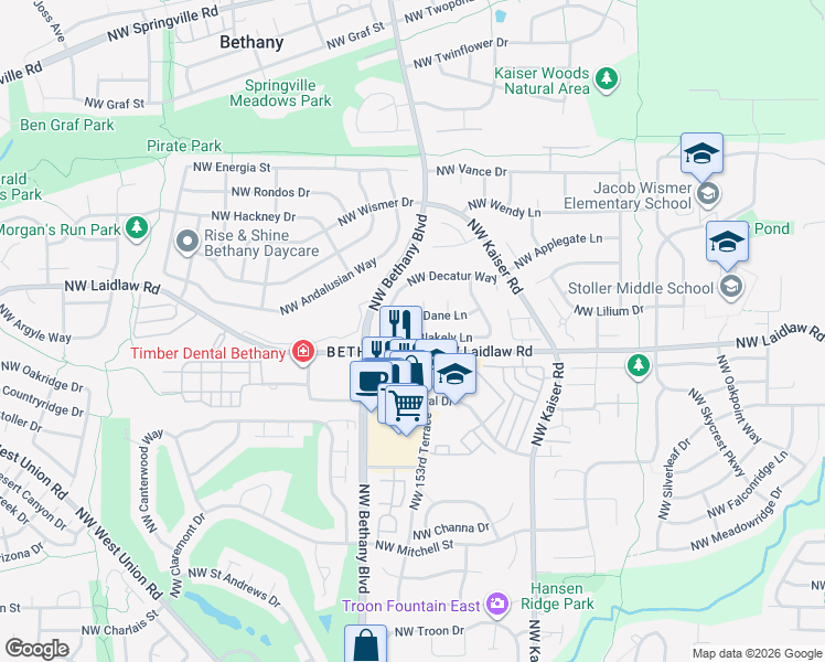 map of restaurants, bars, coffee shops, grocery stores, and more near 15359 Northwest Blakely Lane in Portland