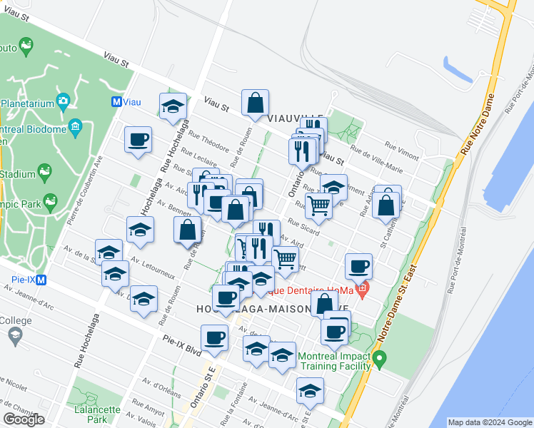 map of restaurants, bars, coffee shops, grocery stores, and more near 2050 Rue Sicard in Montréal