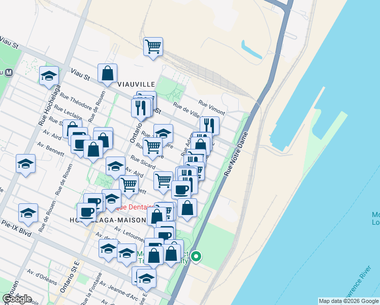 map of restaurants, bars, coffee shops, grocery stores, and more near 1471 Rue Théodore in Montréal