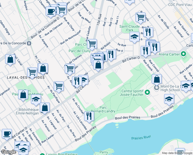 map of restaurants, bars, coffee shops, grocery stores, and more near 300 Boulevard Cartier Ouest in Laval