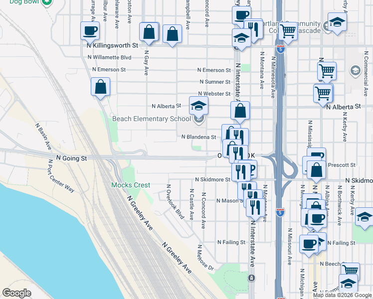 map of restaurants, bars, coffee shops, grocery stores, and more near 4615 North Campbell Avenue in Portland