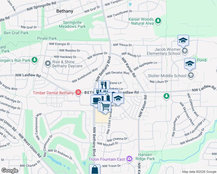 map of restaurants, bars, coffee shops, grocery stores, and more near 15359 Northwest Blakely Lane in Portland