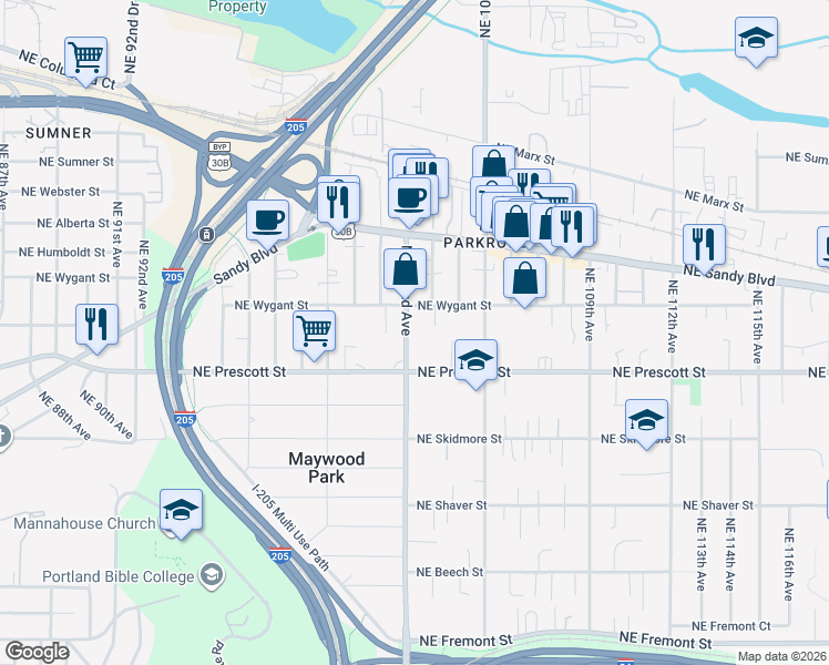 map of restaurants, bars, coffee shops, grocery stores, and more near 4608 Northeast 102nd Avenue in Portland
