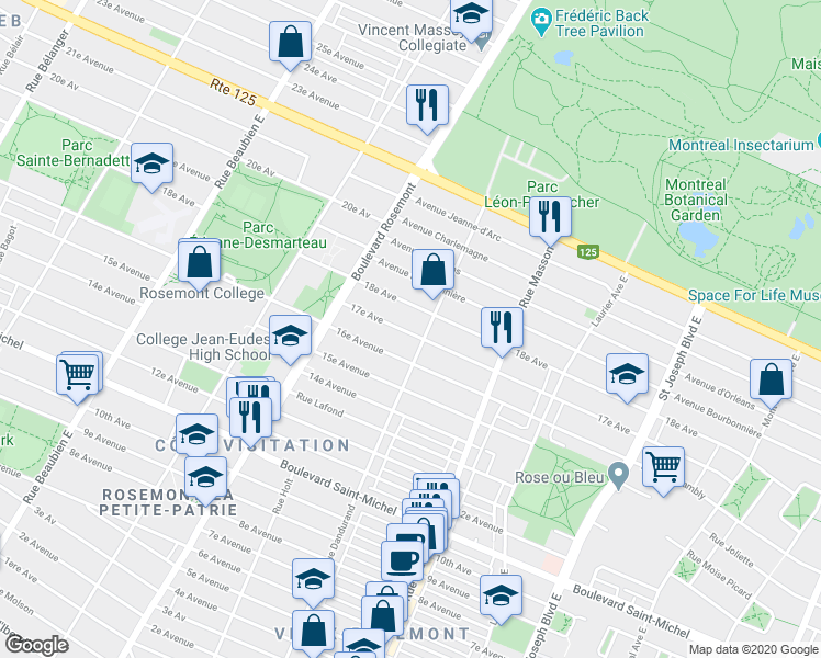 map of restaurants, bars, coffee shops, grocery stores, and more near 5625 17e Avenue in Montréal