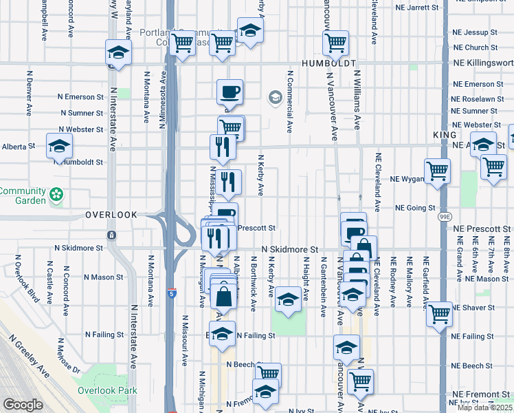 map of restaurants, bars, coffee shops, grocery stores, and more near 4611 North Kerby Avenue in Portland