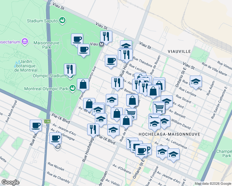 map of restaurants, bars, coffee shops, grocery stores, and more near 4500 Rue Hochelaga in Montréal