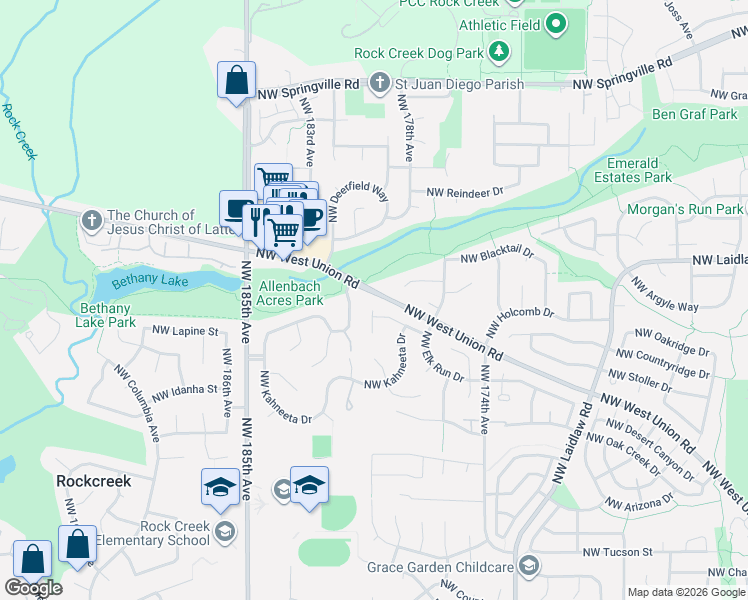 map of restaurants, bars, coffee shops, grocery stores, and more near 5080 Northwest 180th Terrace in Portland