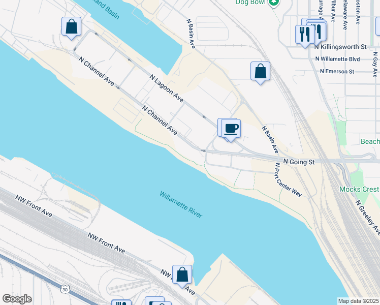 map of restaurants, bars, coffee shops, grocery stores, and more near 4747 North Channel Avenue in Portland
