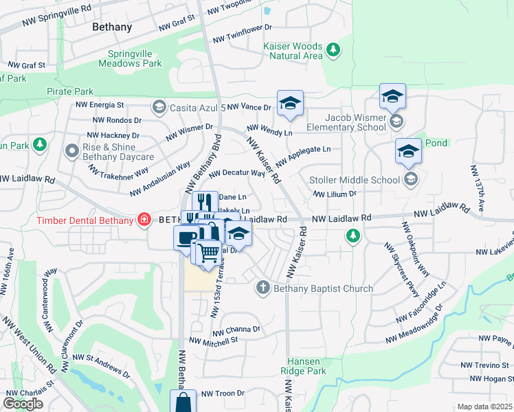 map of restaurants, bars, coffee shops, grocery stores, and more near 15039 Northwest Blakely Lane in Portland