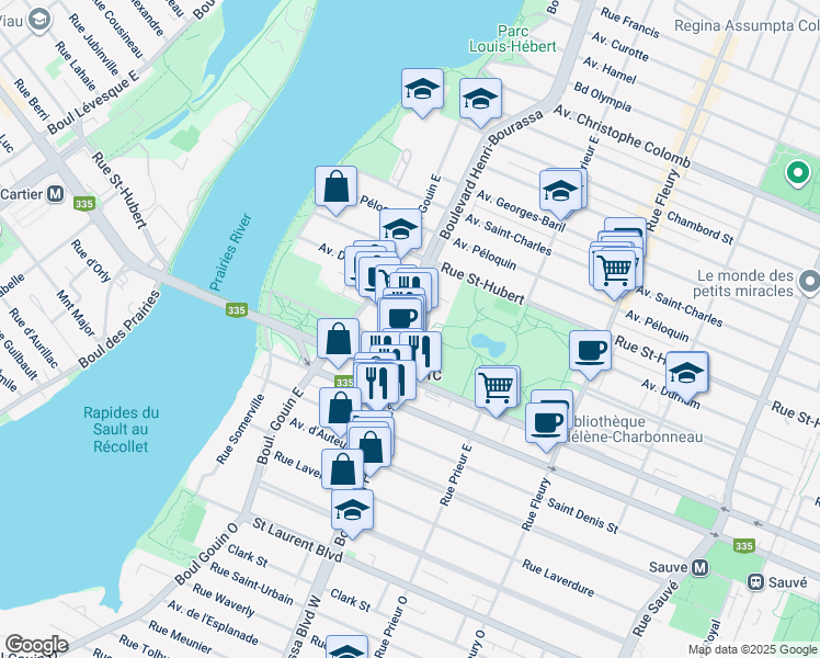 map of restaurants, bars, coffee shops, grocery stores, and more near 609 Boulevard Henri-Bourassa Est in Montréal