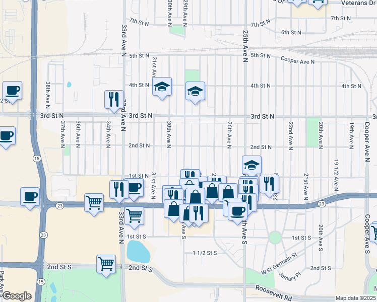 map of restaurants, bars, coffee shops, grocery stores, and more near 148 29th Avenue North in St. Cloud
