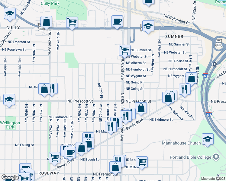 map of restaurants, bars, coffee shops, grocery stores, and more near 4569 Northeast 81st Avenue in Portland