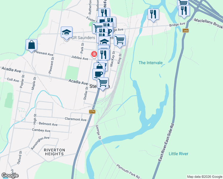 map of restaurants, bars, coffee shops, grocery stores, and more near 11 Acadia Avenue in Stellarton