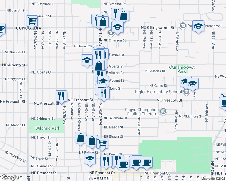 map of restaurants, bars, coffee shops, grocery stores, and more near 4354 Northeast Going Street in Portland