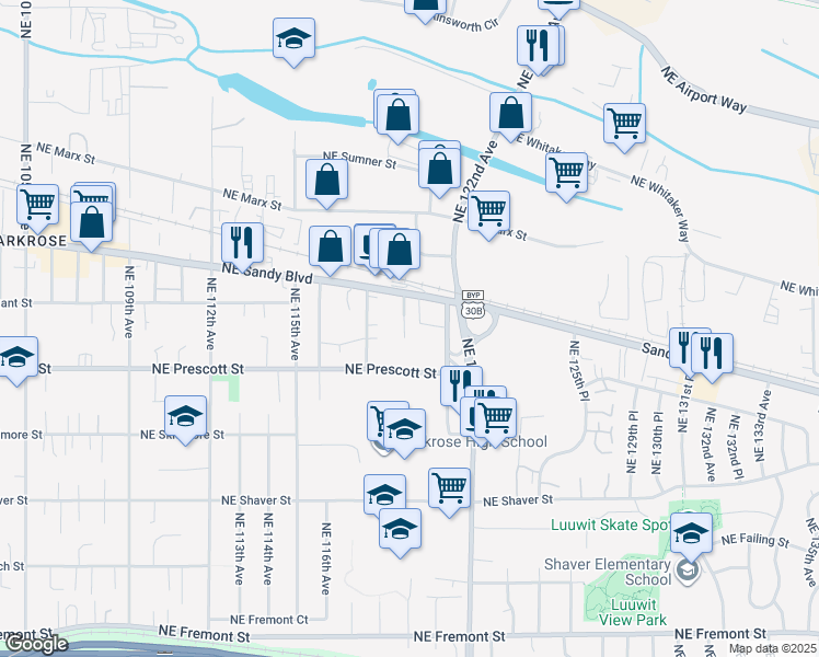 map of restaurants, bars, coffee shops, grocery stores, and more near 4618 Northeast 119th Avenue in Portland